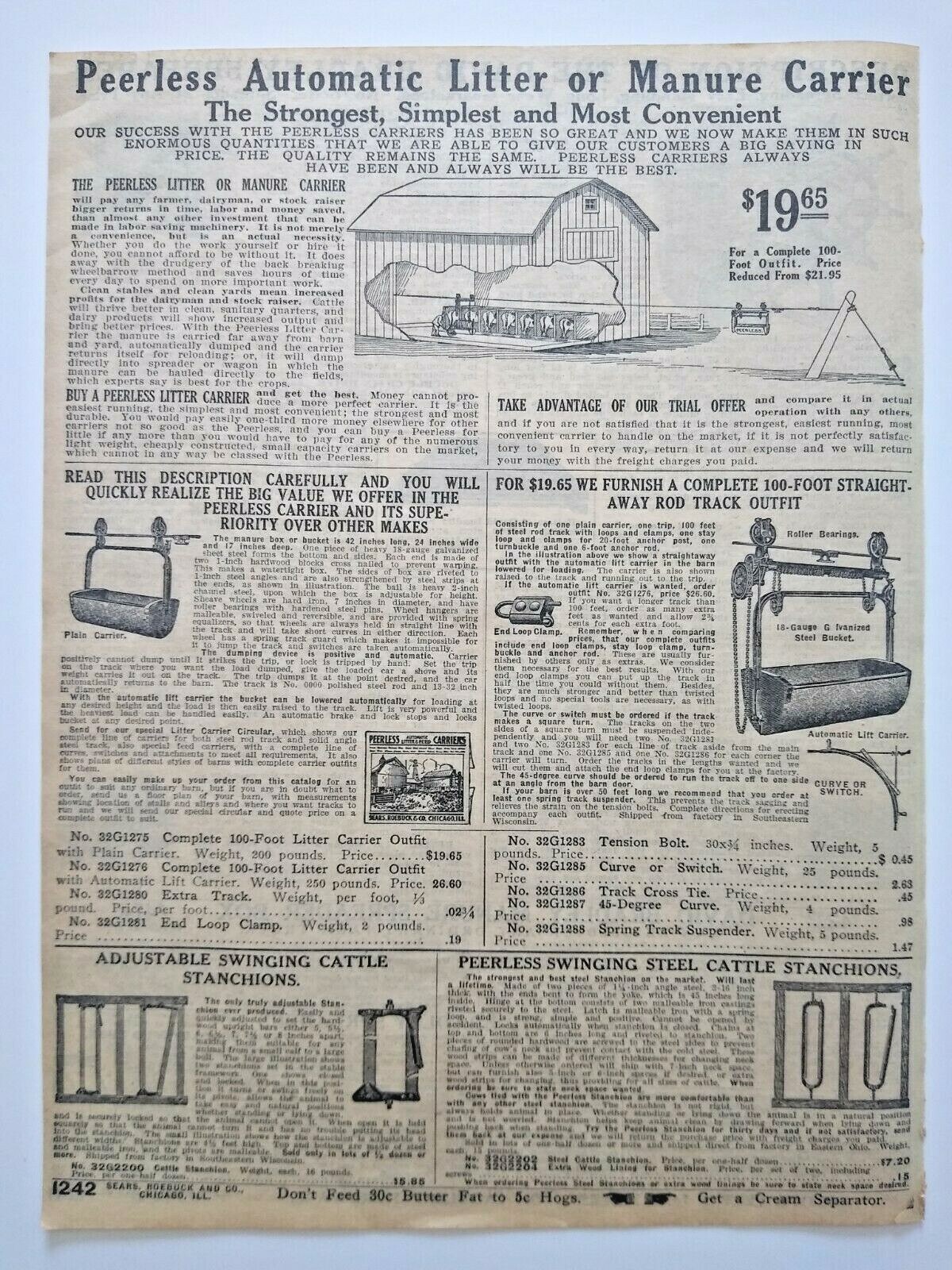 1911 Peerless Manure Carrier Farming Machinery Sears Catalog Page Vtg Print Ad
