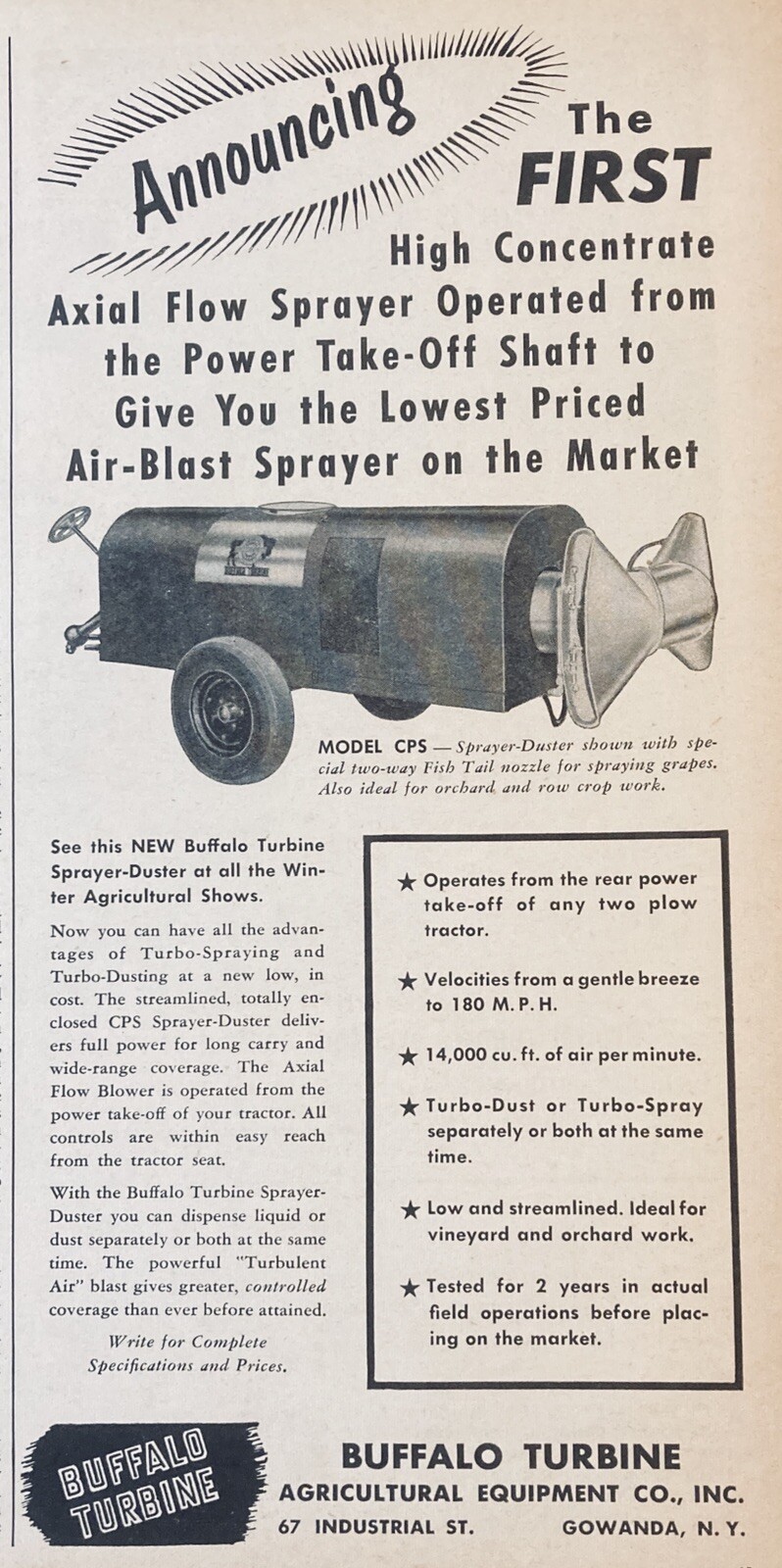 1958 AD.(XG4)~BUFFALO TURBINE AGRICULTURAL CO. GOWANDA, NY. SPRAYERS & DUSTERS