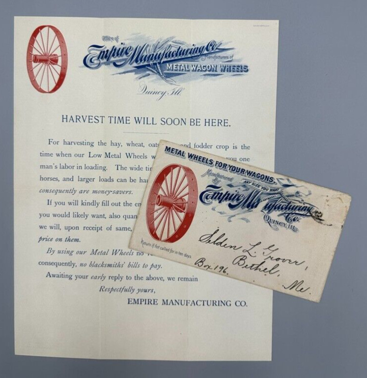 1895 EMPIRE WAGON WHEELS Advertising FARM Illustrated Postal Cover QUINCY IL