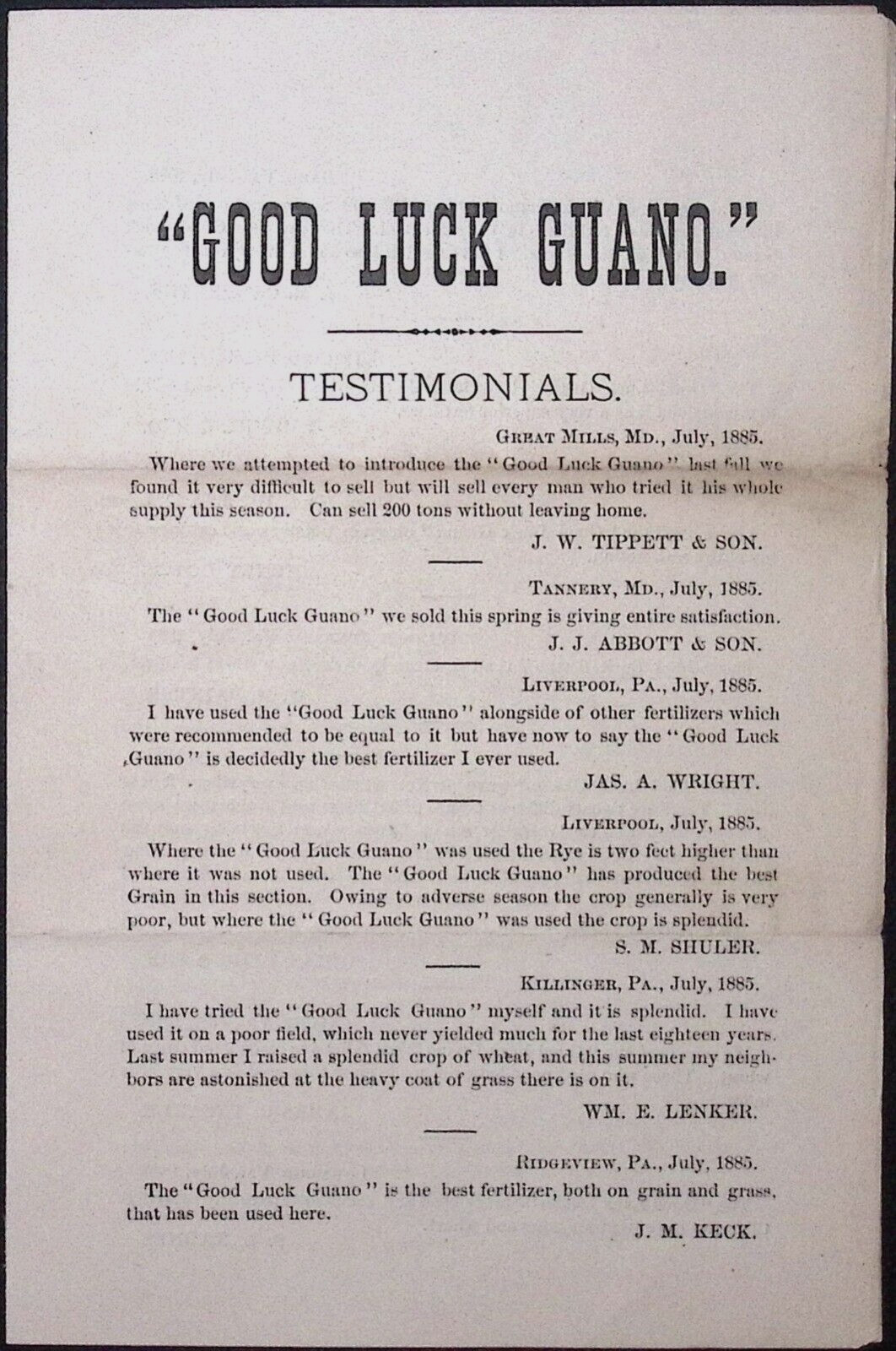 1880s Good Luck Guano Testimonials Print Ad Flyer Fertilizer Farming Gardening