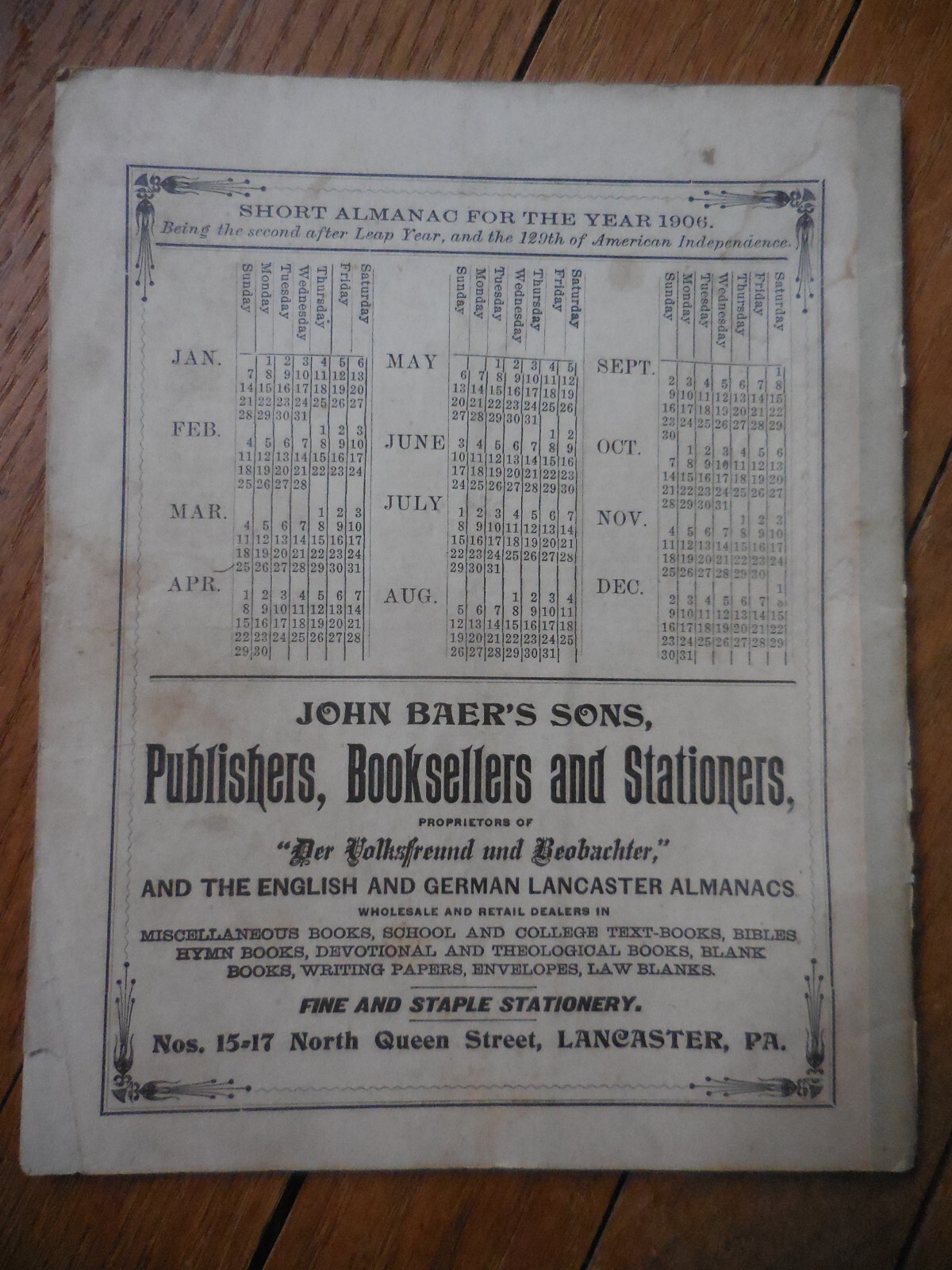 4 Vintage Agricultural Almanacs, Lancaster, PA 1906, 1908, 1909, 1910, J. Baer