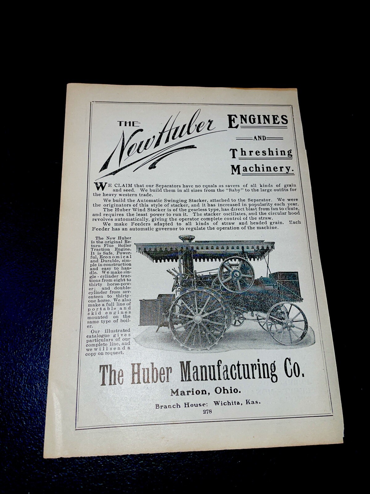 ORIGINAL 1907 New Huber Engines Farm Implement Advertising – Marion, Ohio