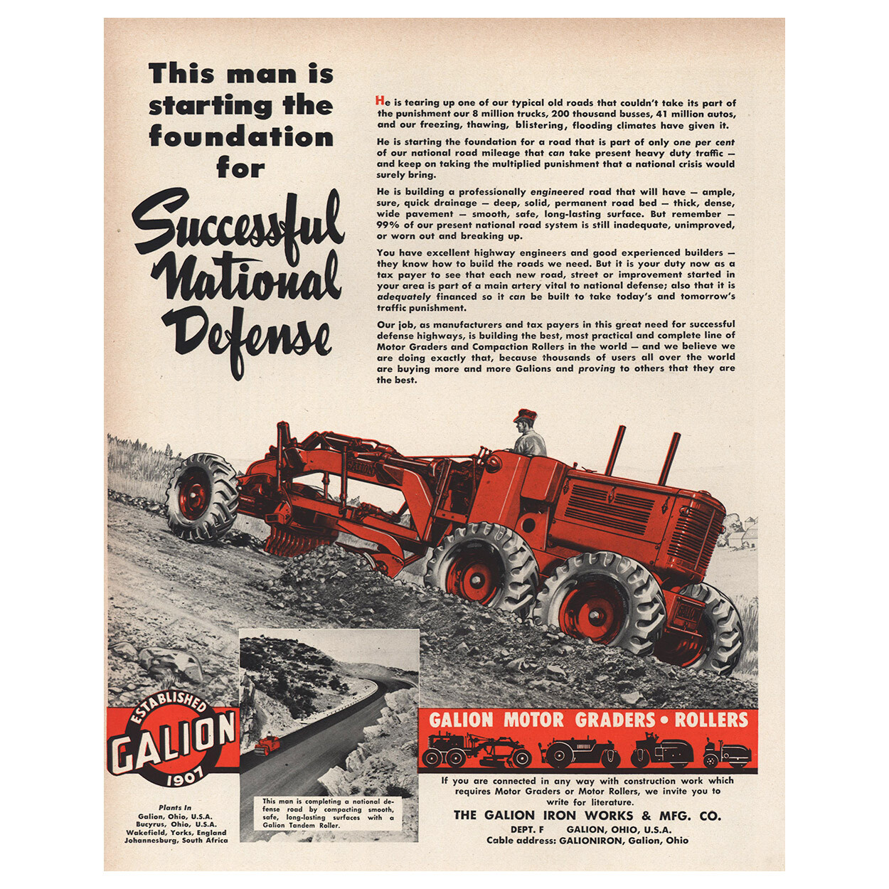 1952 Galion Iron Works: Successful National Defense Vintage Print Ad
