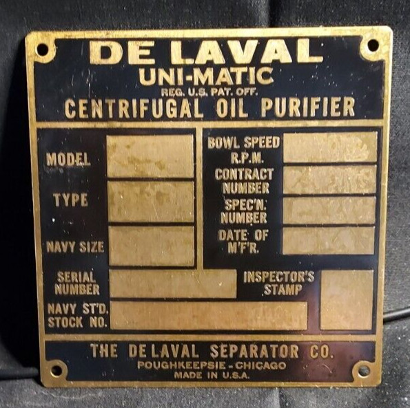 Old Metal Sign Emblem De Laval Uni-Matic Centrifugal Oil Purifier Separator