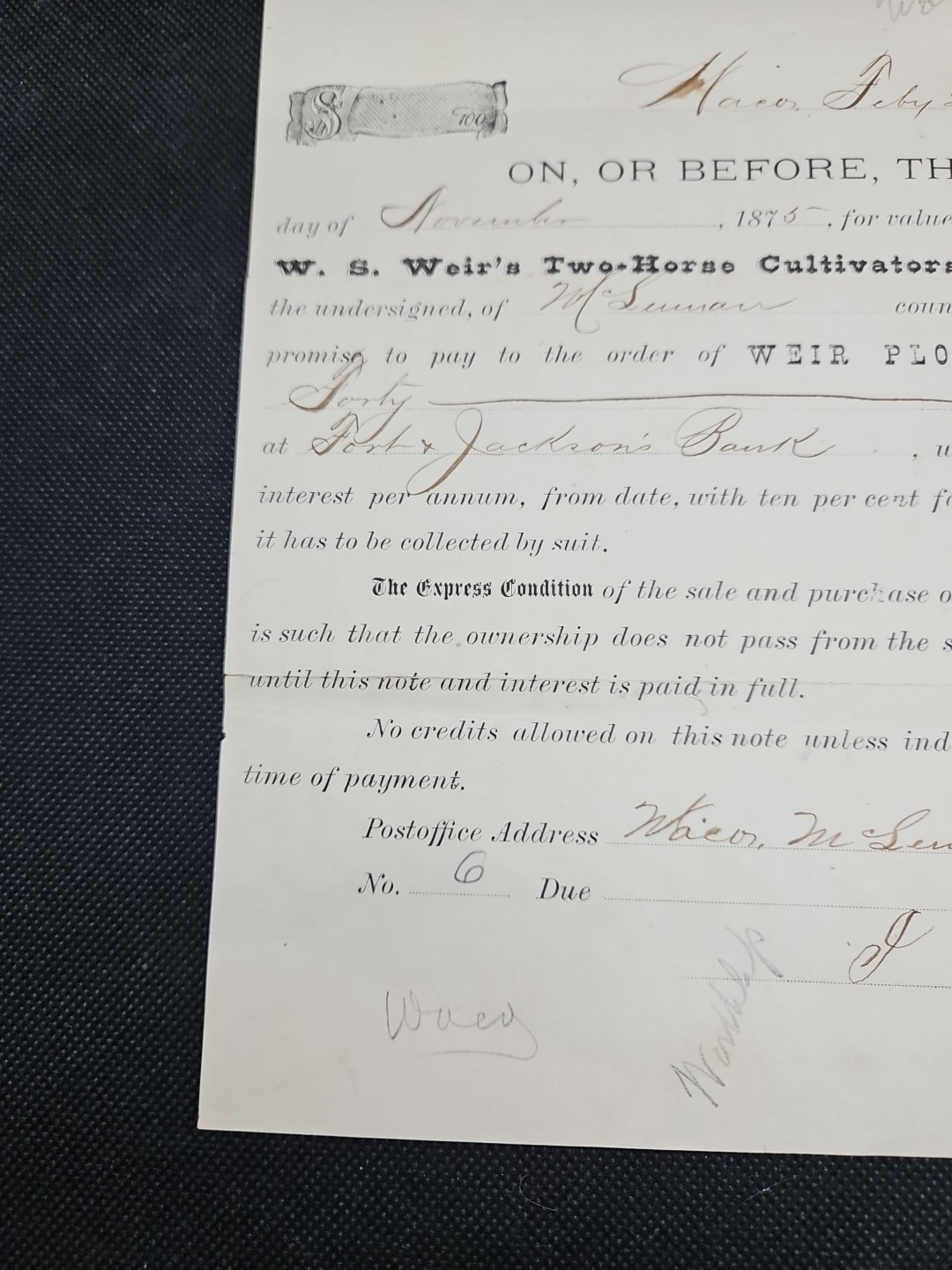 W.S. Weir Two-Horse Cultivator 1873 Weir Plow Company Purchase Form