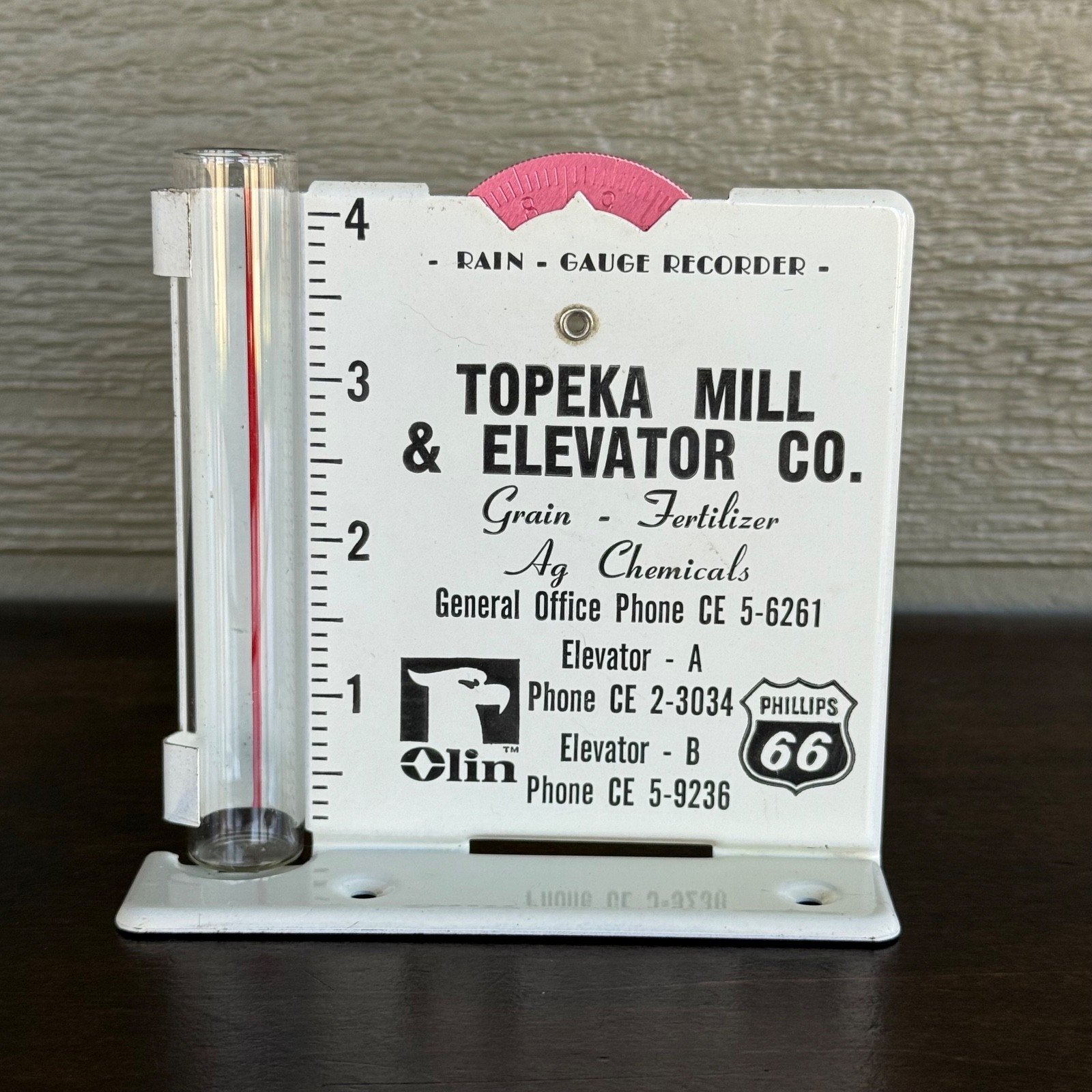 VTG Rain Gauge Topeka Mill & Elevator Co Advertising Olin Phillips 66 Grain KS