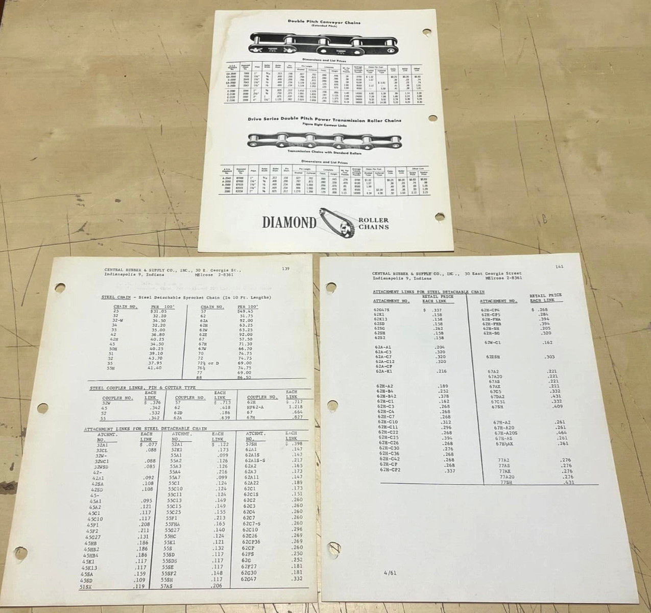 Vtg 1960s American Standard Diamond Roller Chains One-Sheet Price List Bundle