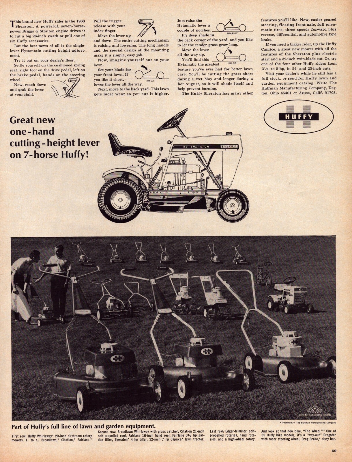 1968 Huffy Rider Sheraton Lawn Mower Print Ad