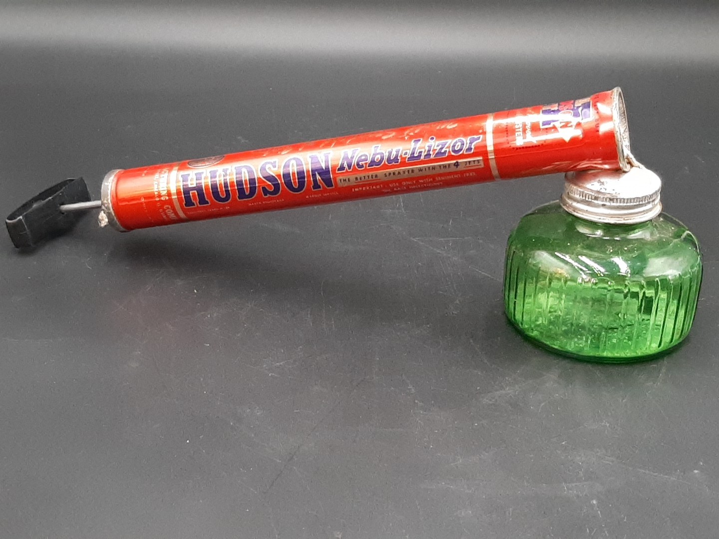 Vintage Hudson Pump Duster Bug Sprayer Green Glass Bottle Jar Metal Wood Fogger