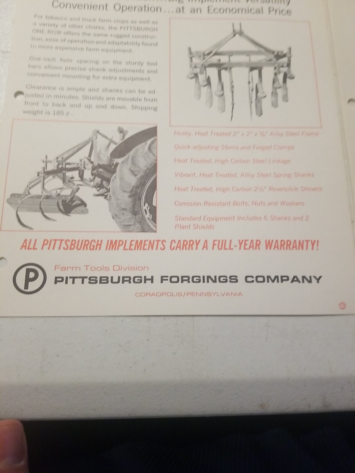 1970 PITTSBURGH FORGINGS CO. 1 ROW SPRING SHANK CULTIVATOR BROCHURE &PRICE LIST