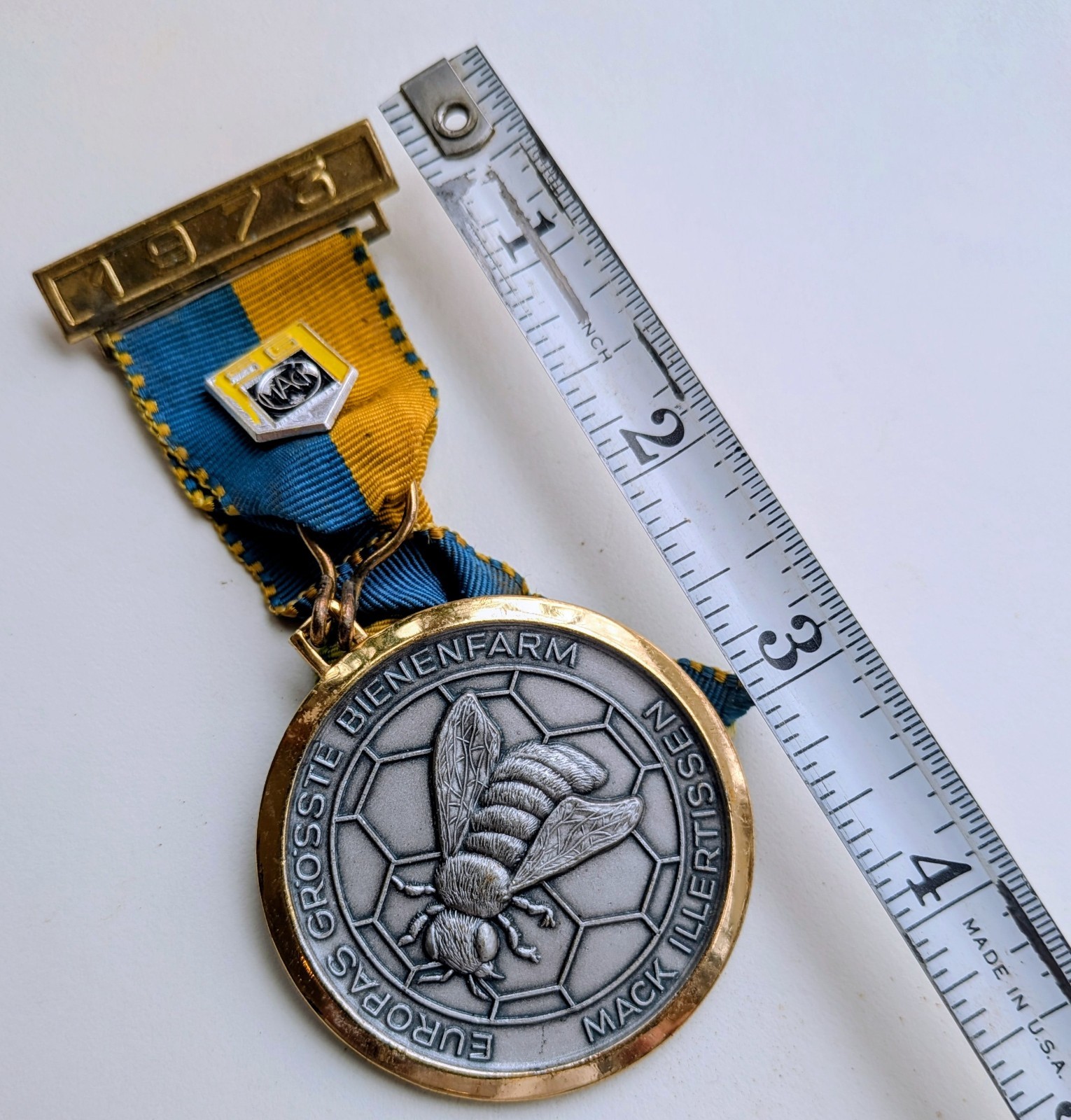 Vintage German Mack Illertissen beekeeping farm Commemorative Metal 1973 Ribbon