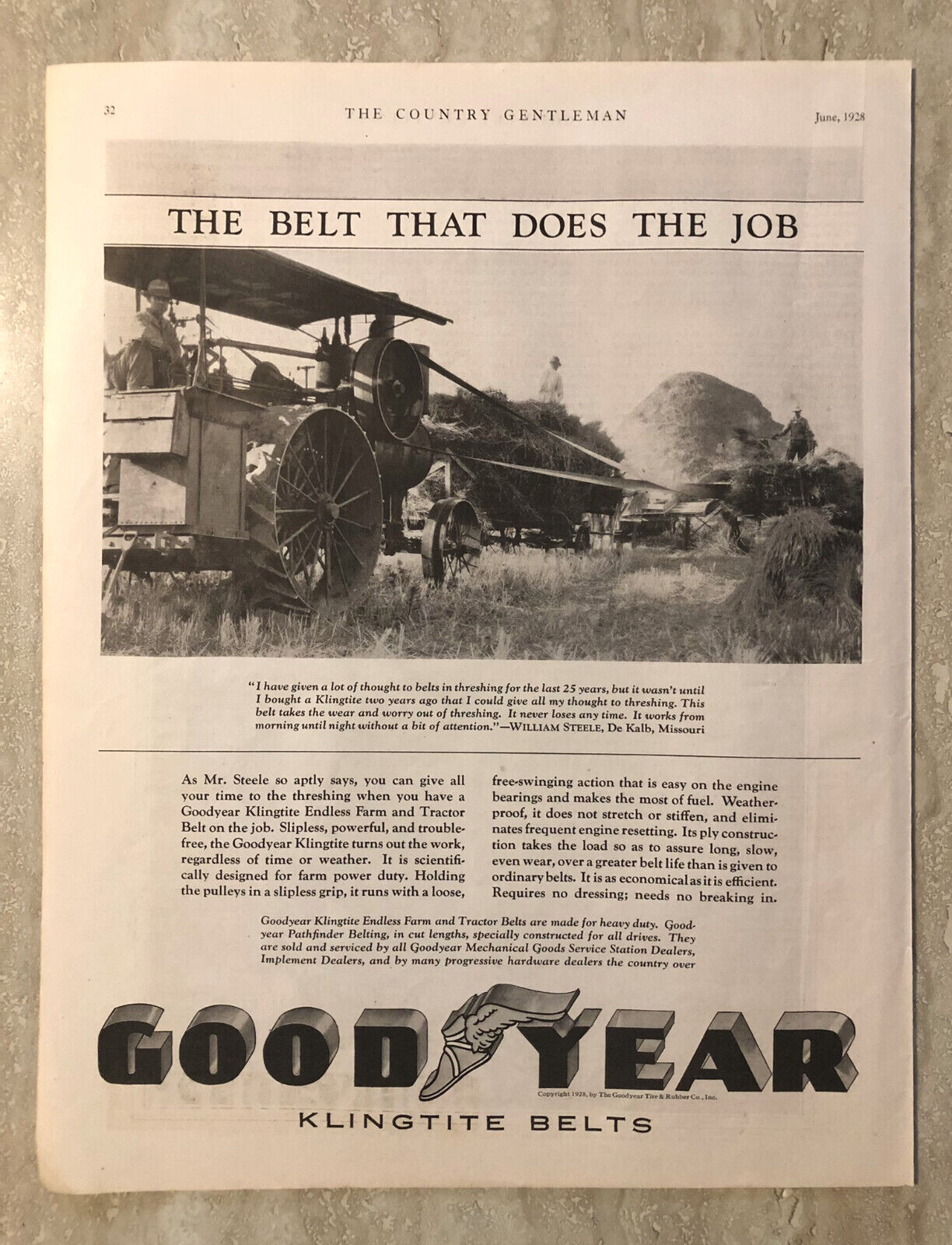 1928 Goodyear Klinglite Belts Farm Tractor Belts Pathfinder Vtg Print Ad