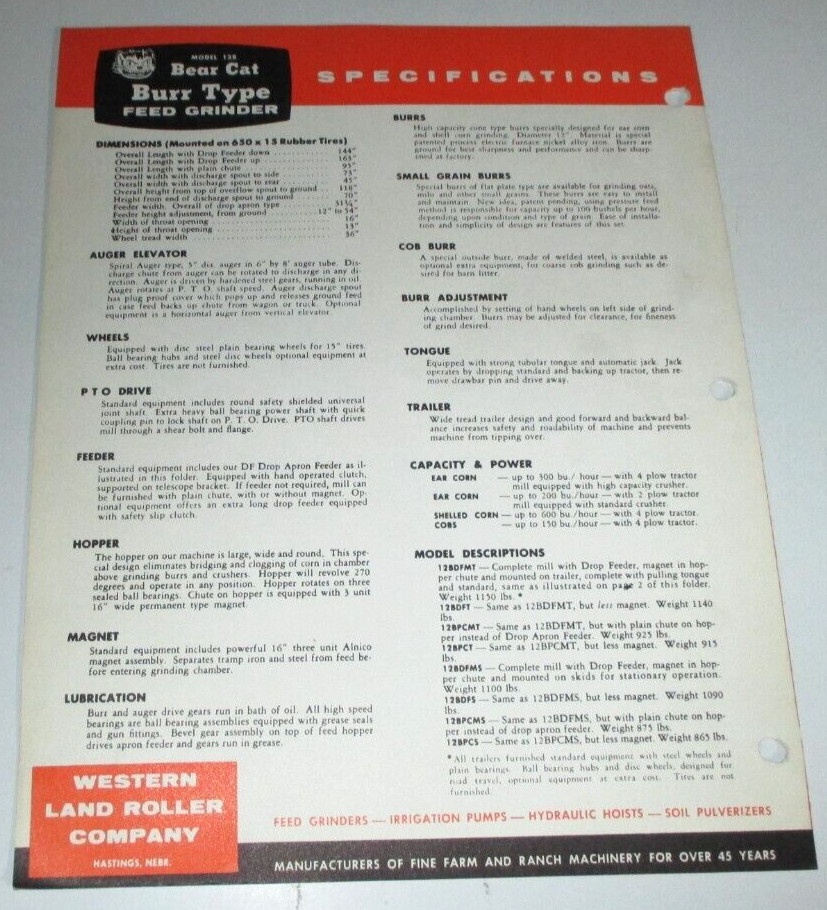 Bear Cat 12B Burr Type Feed Grinder Sales Brochure Literature Advertising 5-59