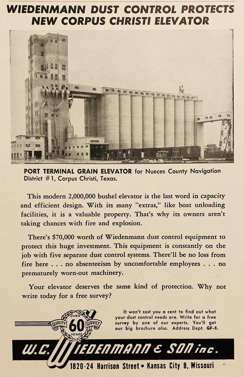1960 AD.(PC6)~W.C. WIEDENMANN CO. KANSAS CITY, MO. GRAIN ELEVATOR DUST CONTROL