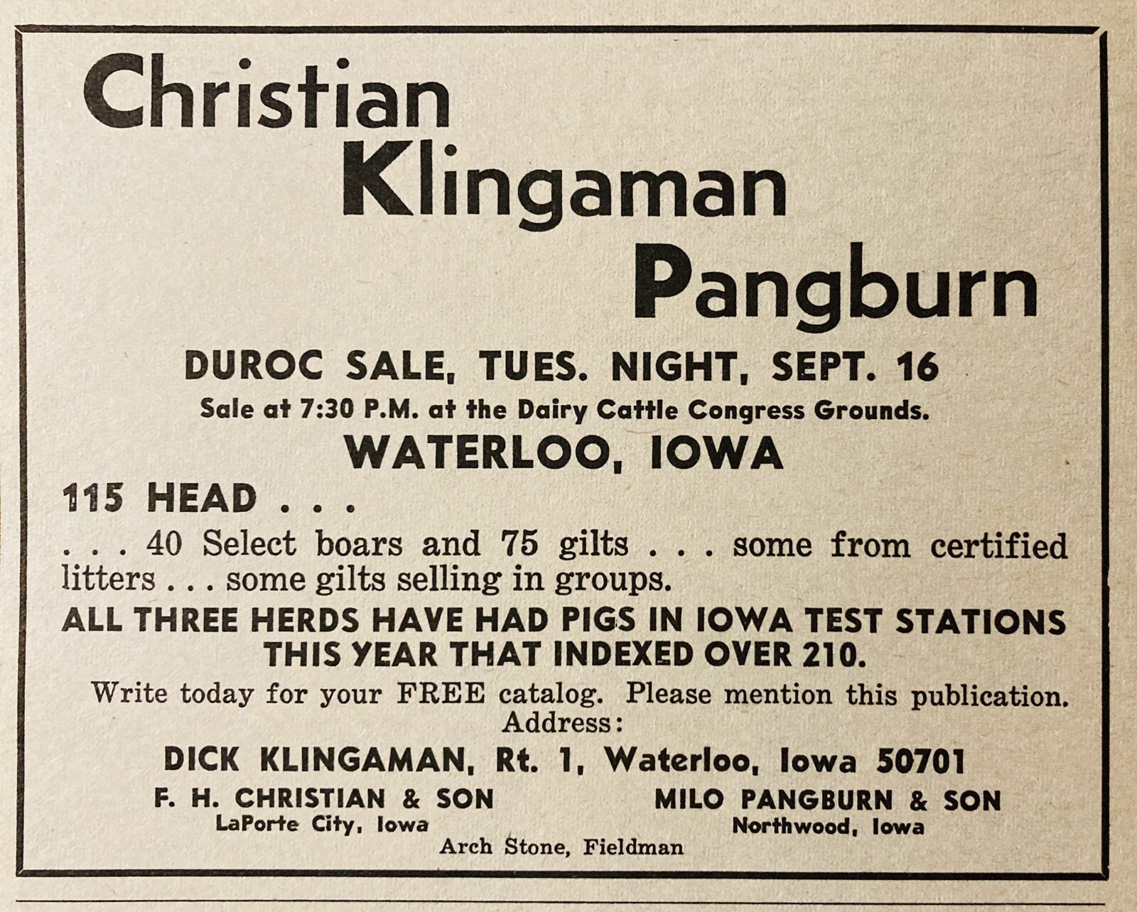 1969 AD.(XH79)~CHRISTIAN KLINGMAN PANGBURN DUROC SALE, WATERLOO, IOWA.
