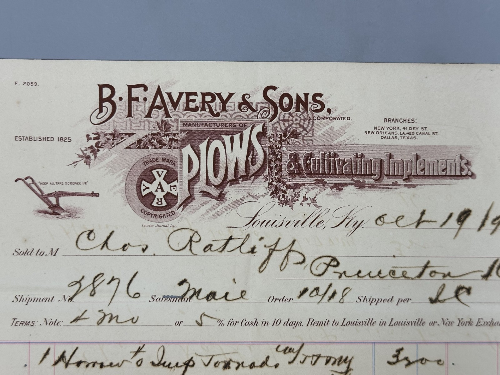 1898 BF AVERY PLOWS Antique Receipt Bill FARM Advertising LOUISVILLE KY