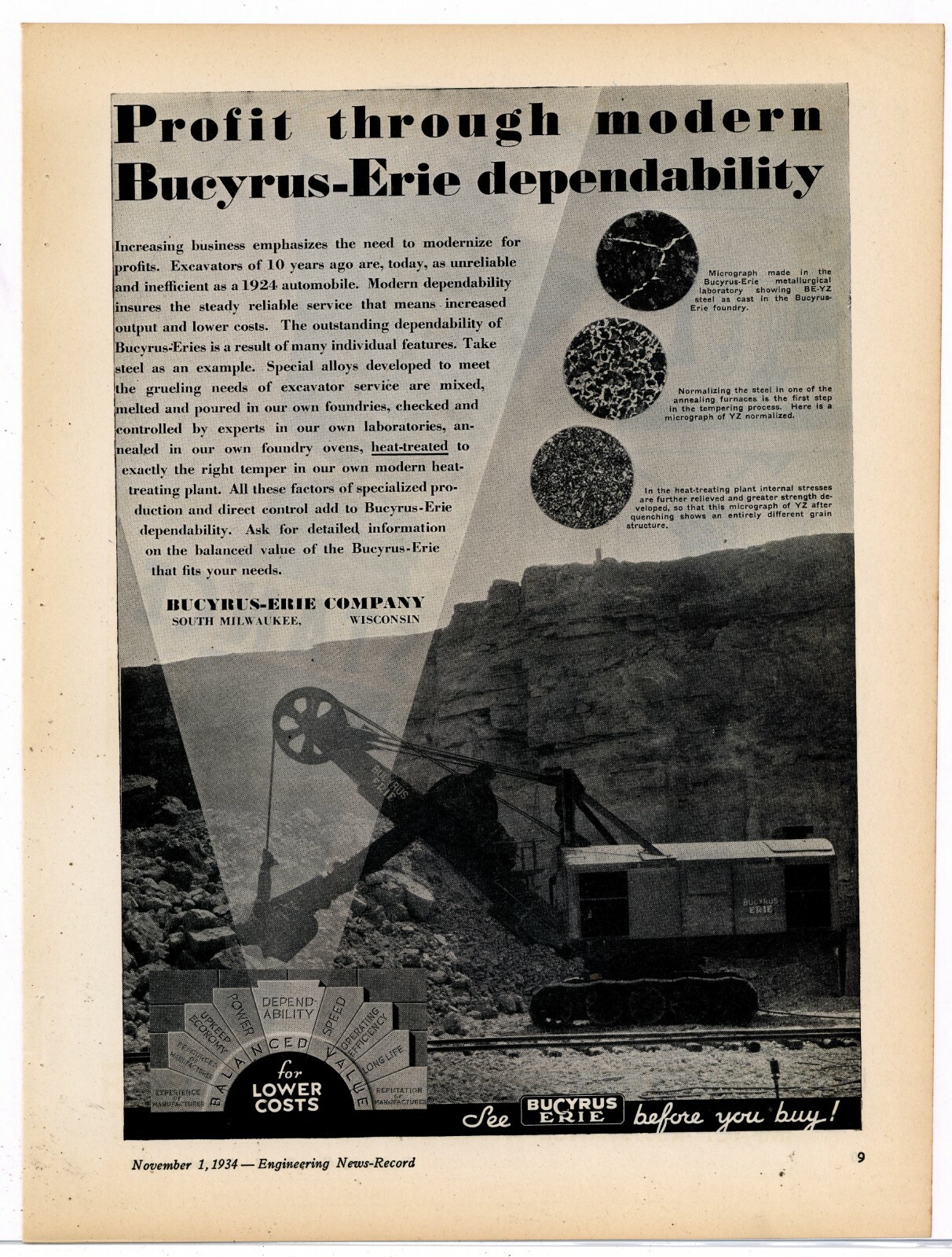 1934 Bucyrus Erie Equipment Ad: YZ Steel Custom Cast in BE Foundry for Cranes