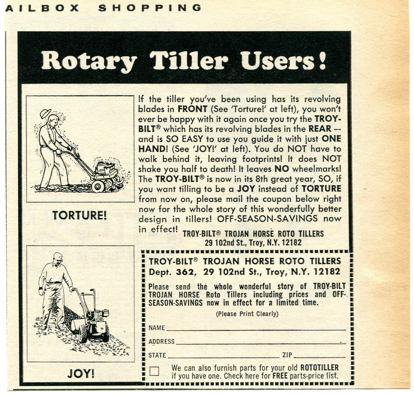 1968 small Print Ad of Troy Bilt Trojan Horse Roto Tiller Rototiller
