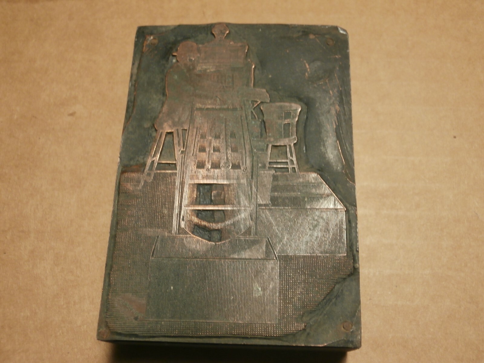 Antique Printers Printing Block Men Operating Fruit Sorter Assorter w/ Basket