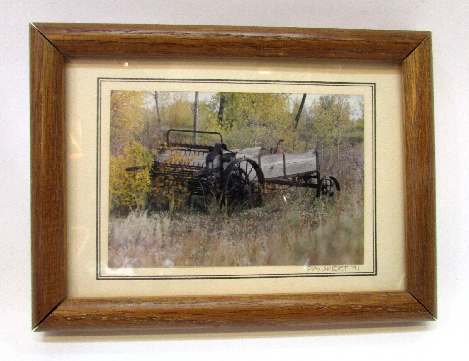 Vintage 1971 Paukert 5×7 Oak Framed Antique Manure Spreader Print Wall Hanging
