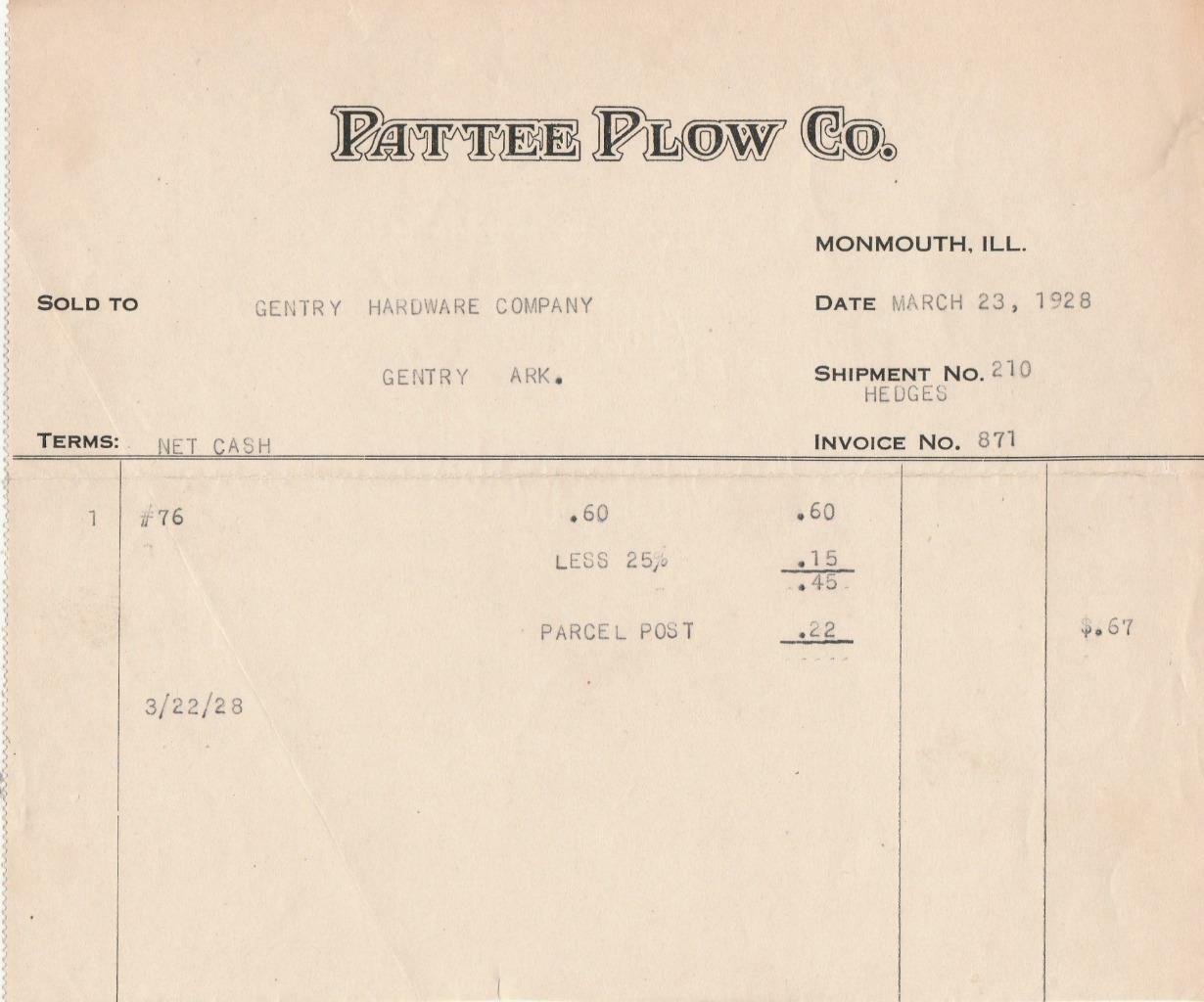 1928 Invoice Patee Plow Co. Mfg. of Agricultural Implements Monmouth, Illinois