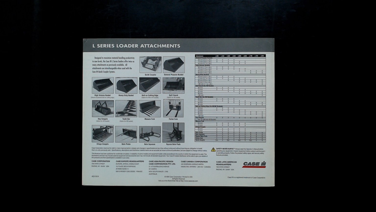 Case IH L Series Loaders Attachments Vintage 1999 Agriculture Brochure