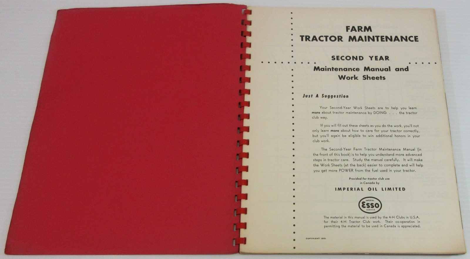 1951 Farm Tractor Maintenance For 4-H Club Members Book – Imperial Oil Esso