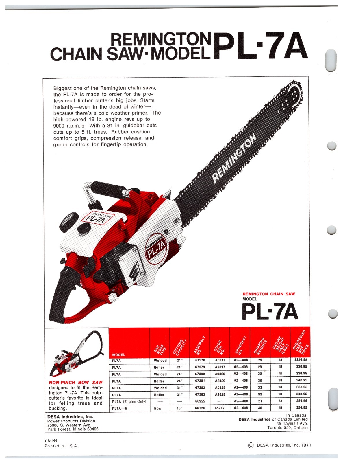 Original 1970s Remington Chainsaws Sales Info Sheet (PL-55A / PL-7A Models)