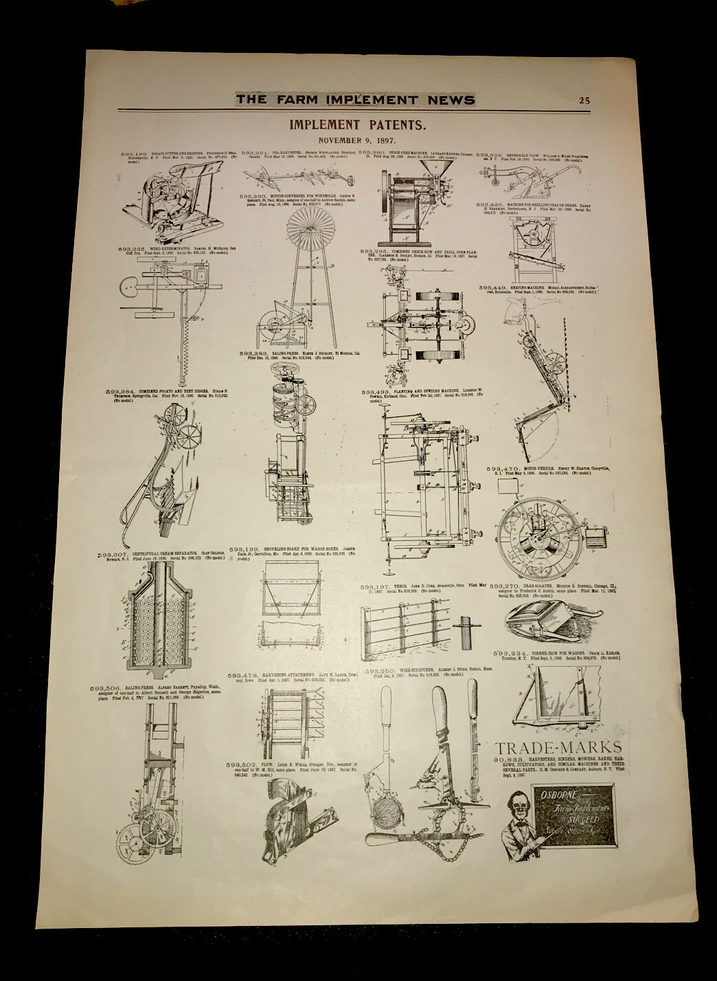 ORIGINAL 1897 Farm Implement Patents Advertising – Double Sided – 10” X 15”