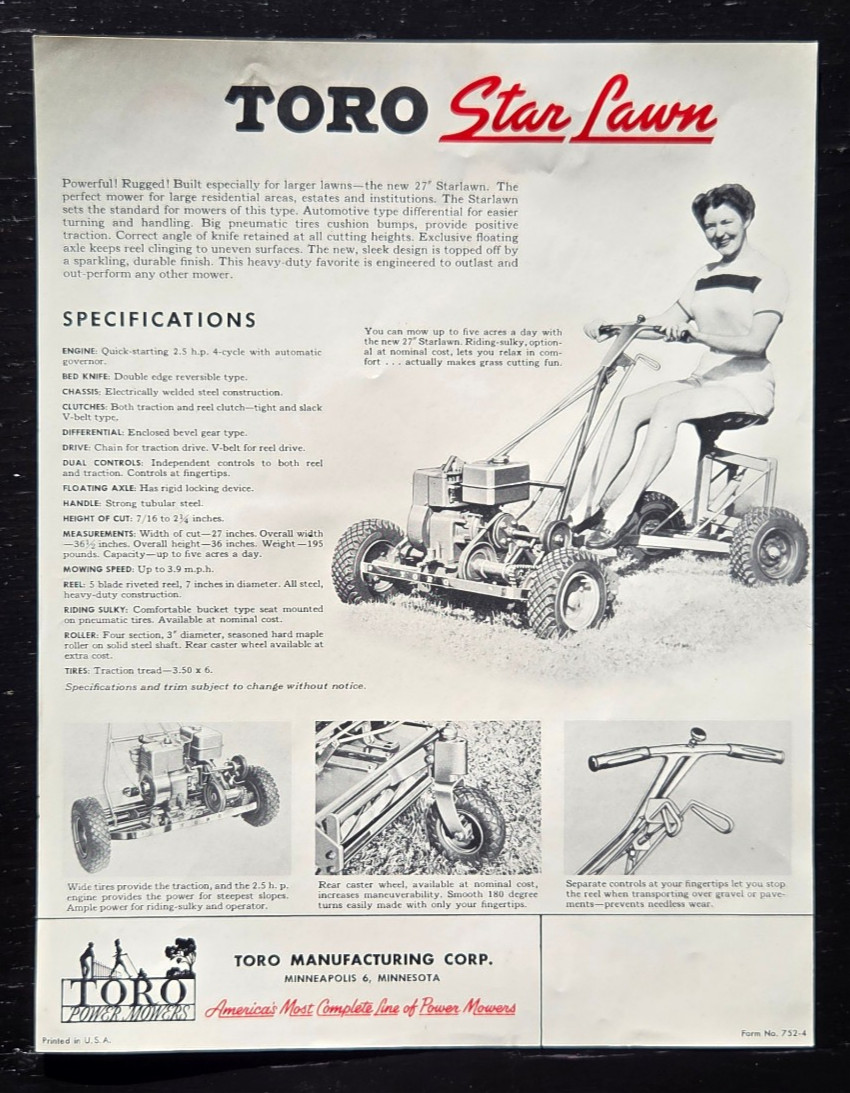 1952 TORO MANUFACTURING CORP 27 INCH STARLAWN LAWN MOWER SALES ADVERTISEMENT