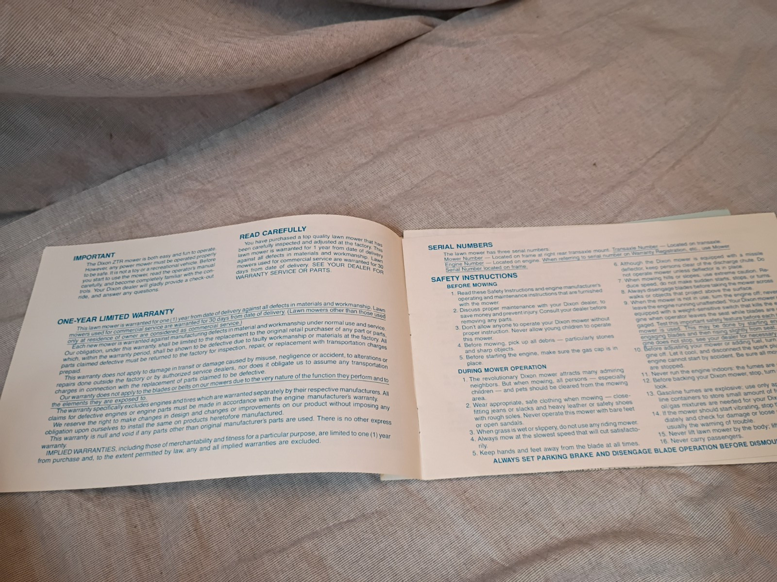 Dixon Zero Turn Mower ZTR-426 Operator&rsquo;s manual and repair sheets VTG