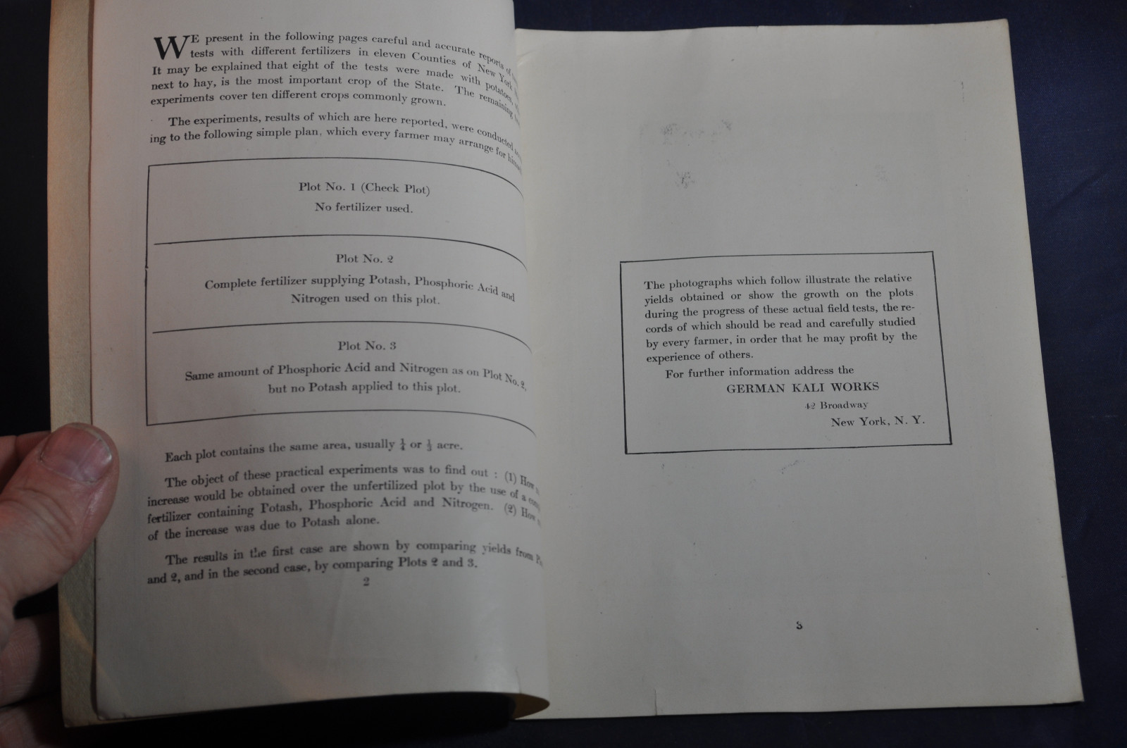 Ca 1920 German Kali Works Brochure on New York Fertilizer Results