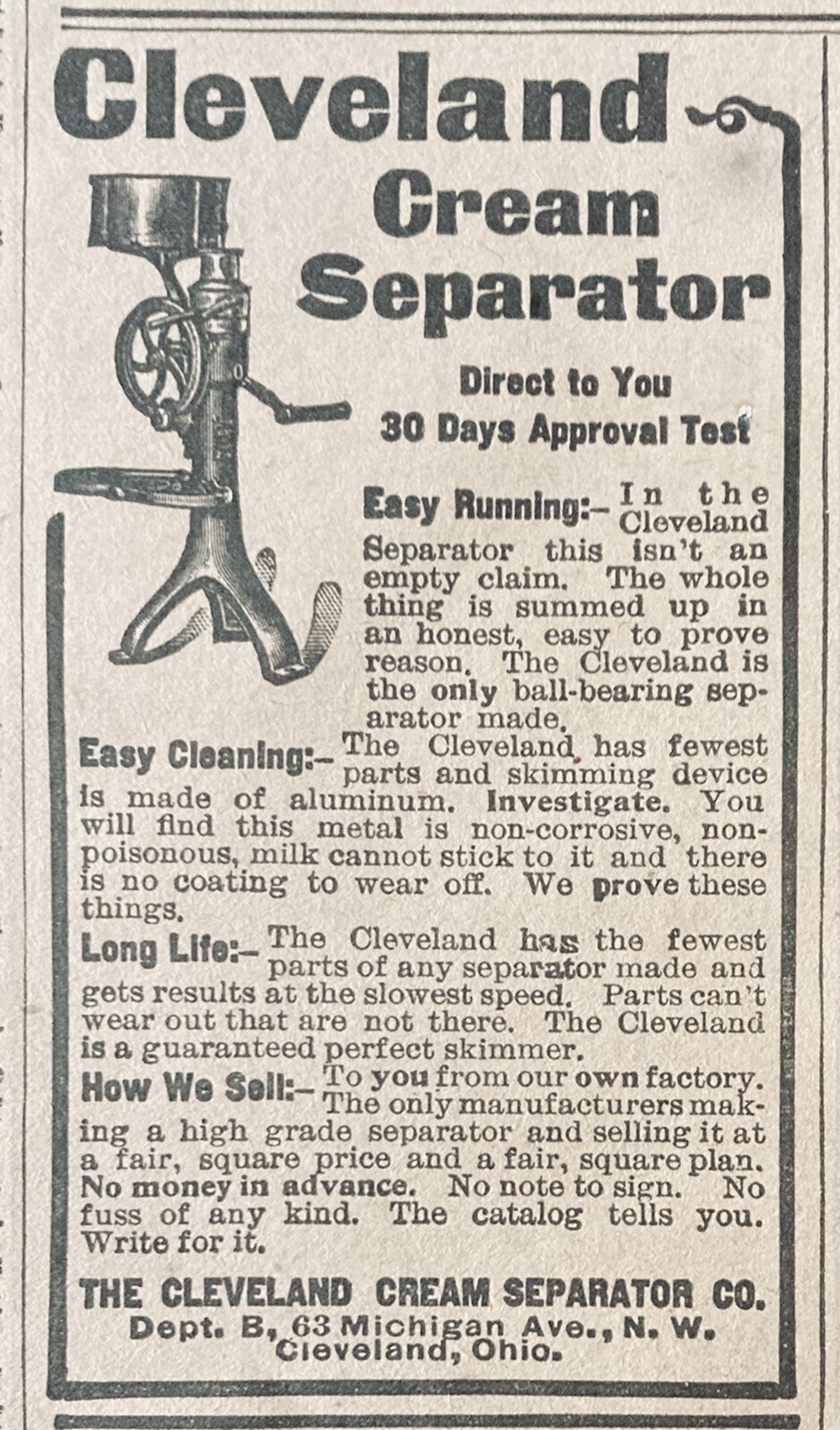 1906 AD(XH36)~CLEVELAND CREAM SEPARATOR CO. OHIO. CREAM SEPARATORS