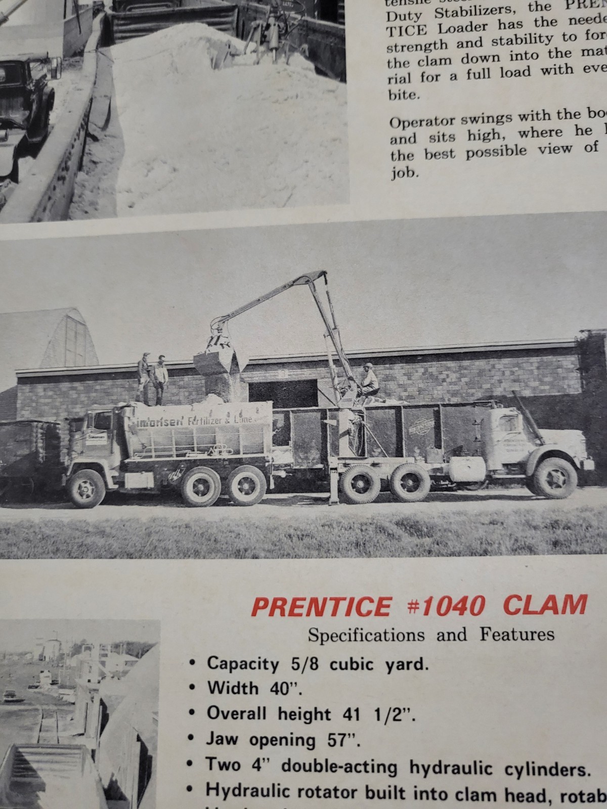 Vintage Prentice Hydraulics Inc CLAM Bucket Crane Lift Loader BROCHURE Wisconsin