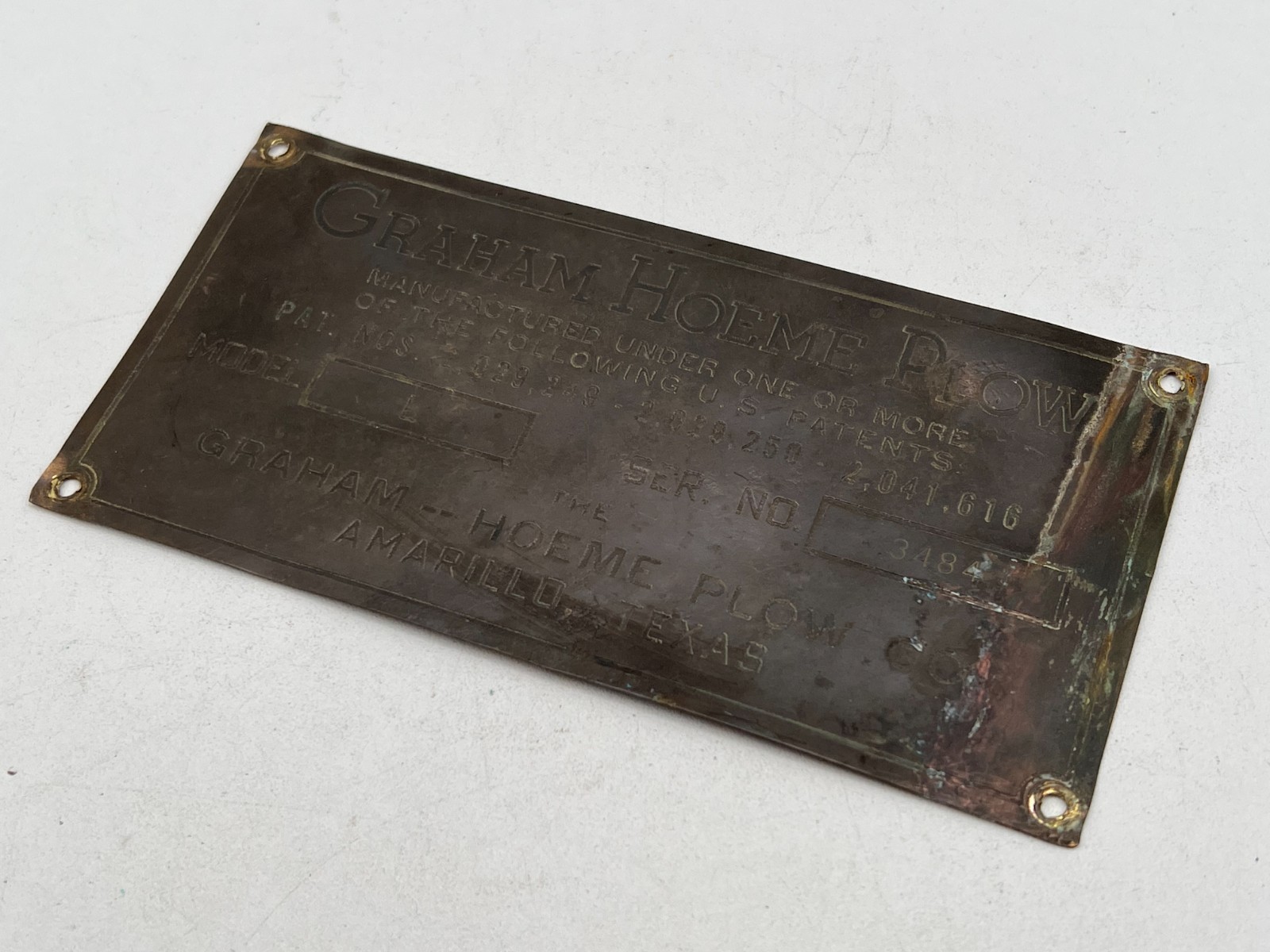 Vintage Graham Hoeme Plow Co. Amarillo, Texas TX Model L Brass Tag / Plate