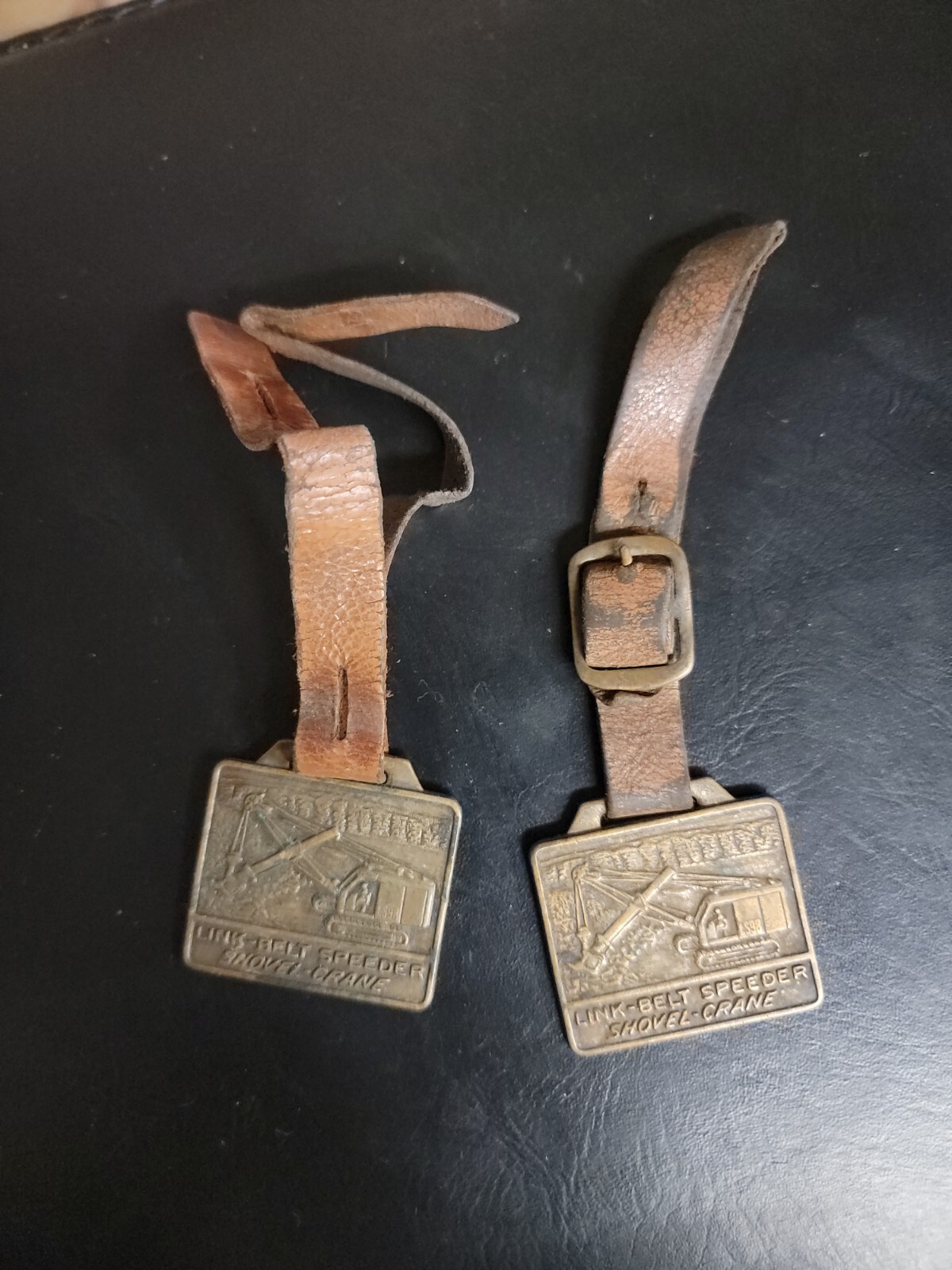 VINTAGE 2 BRASS LINK BELT SPEEDER SHOVEL CRANE WATCH FOB R&W CO.