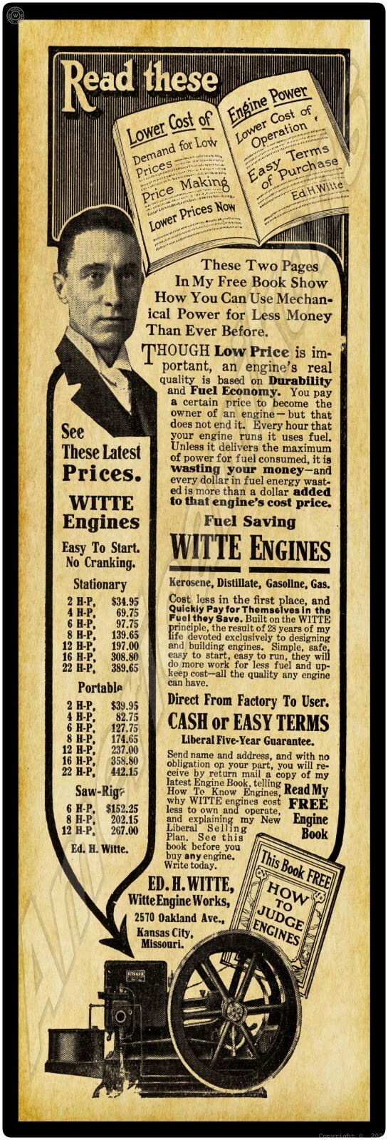 1915 Witte Gas Engine Works New Metal Sign: 6 x 18&Prime; – Kansas City, Missouri