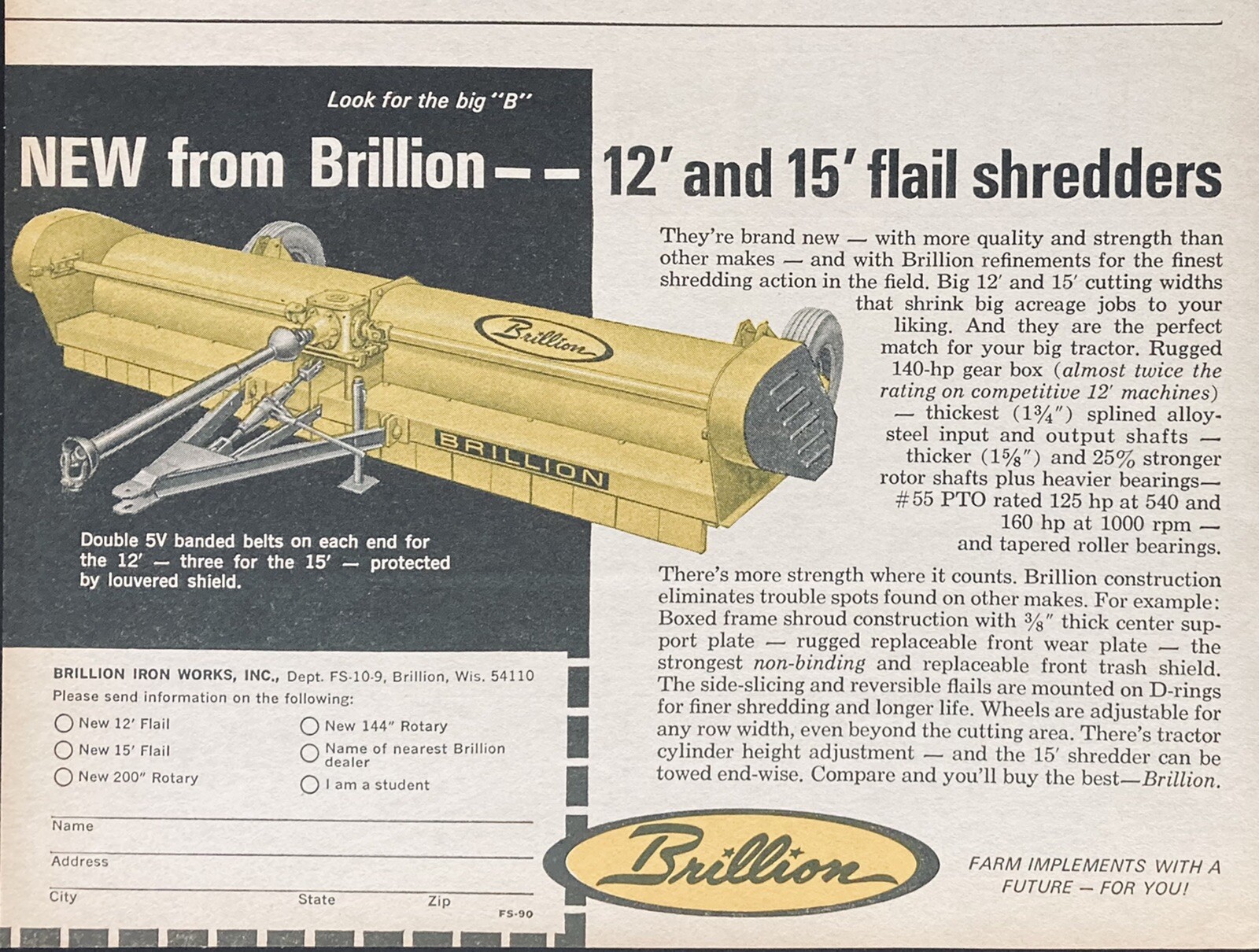 1967 AD.(XH9)~BRILLION IRON WORKS CO. BRILLION, WIS. NEW 12’ FLAIL SHREDDERS
