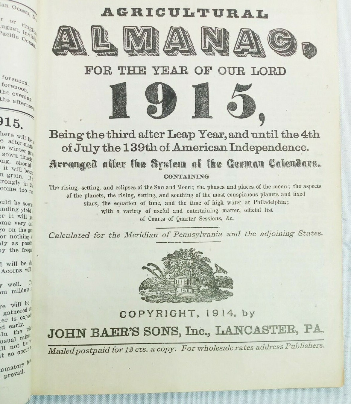 Vintage 1915 John Bear Baer&rsquo;s Agricultural Almanac Lancaster PA Antique Farmers