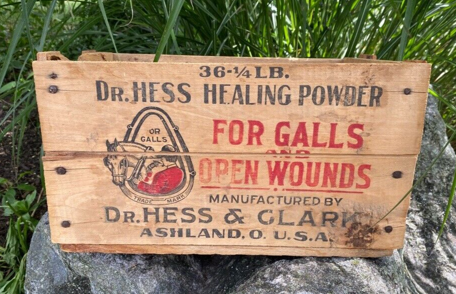 Antique Dr Hess & Clark Ashland Ohio Healing Powder Live Stock Wood Box Crate