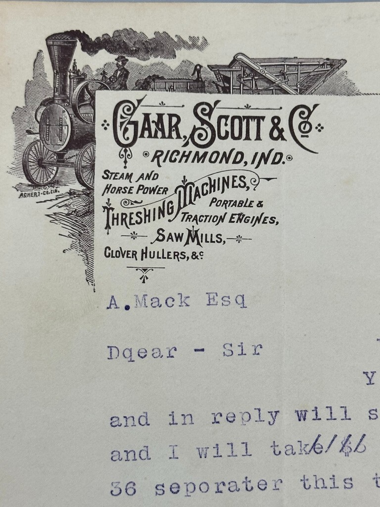 1890 GAAR SCOTT & Co THRESHING MACHINES Engines FARM Advertising Letter Antique