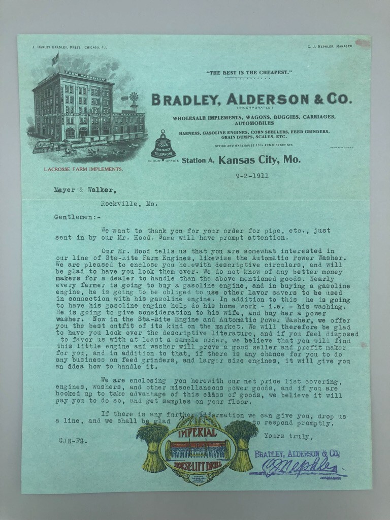 1911 Bradley Alderson IMPERIAL Envelope Antique FARM Advertise KANSAS CITY