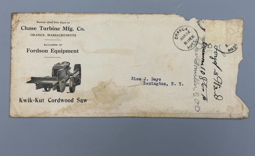 1923 CHASE Turbine FORDSON Tractor FARM Postal Cover ORANGE Massachusetts Adv