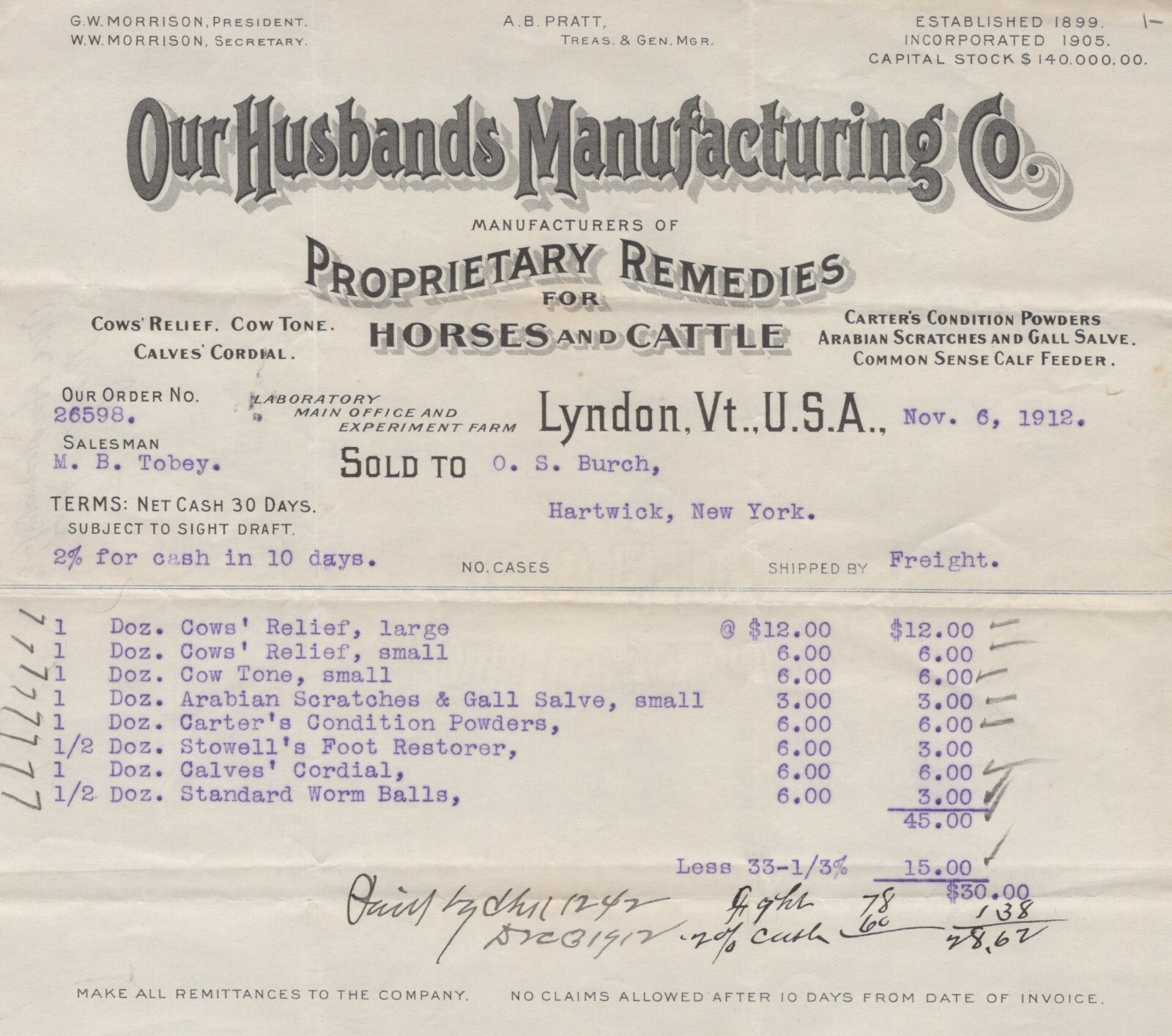 Agriculture Husbands MFG Horses Cattle Engraved Logo Paper Invoice A12D