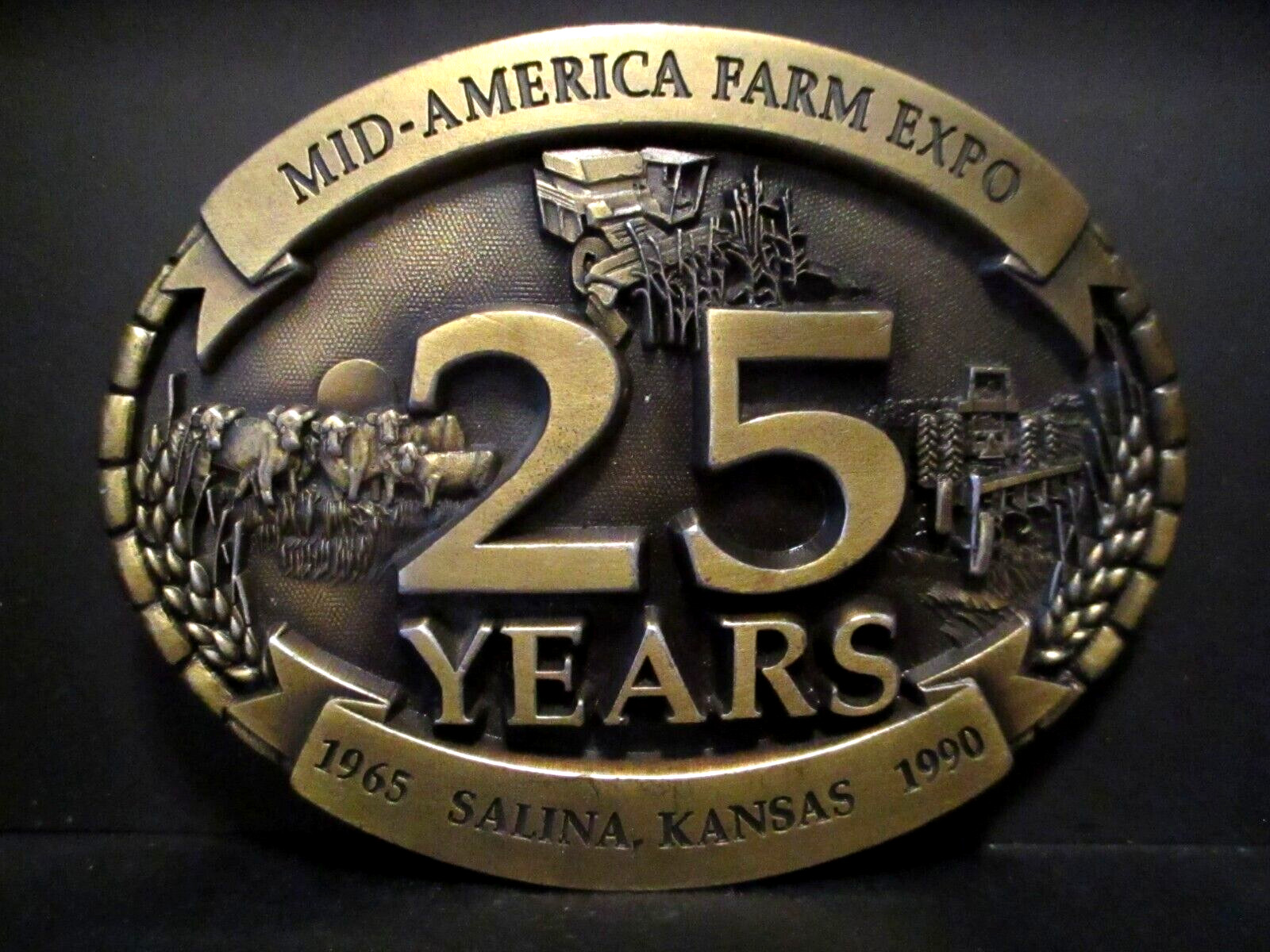 1990 Mid-America Farm Expo 25 Years Salina KS Belt Buckle Tractor Combine Disc