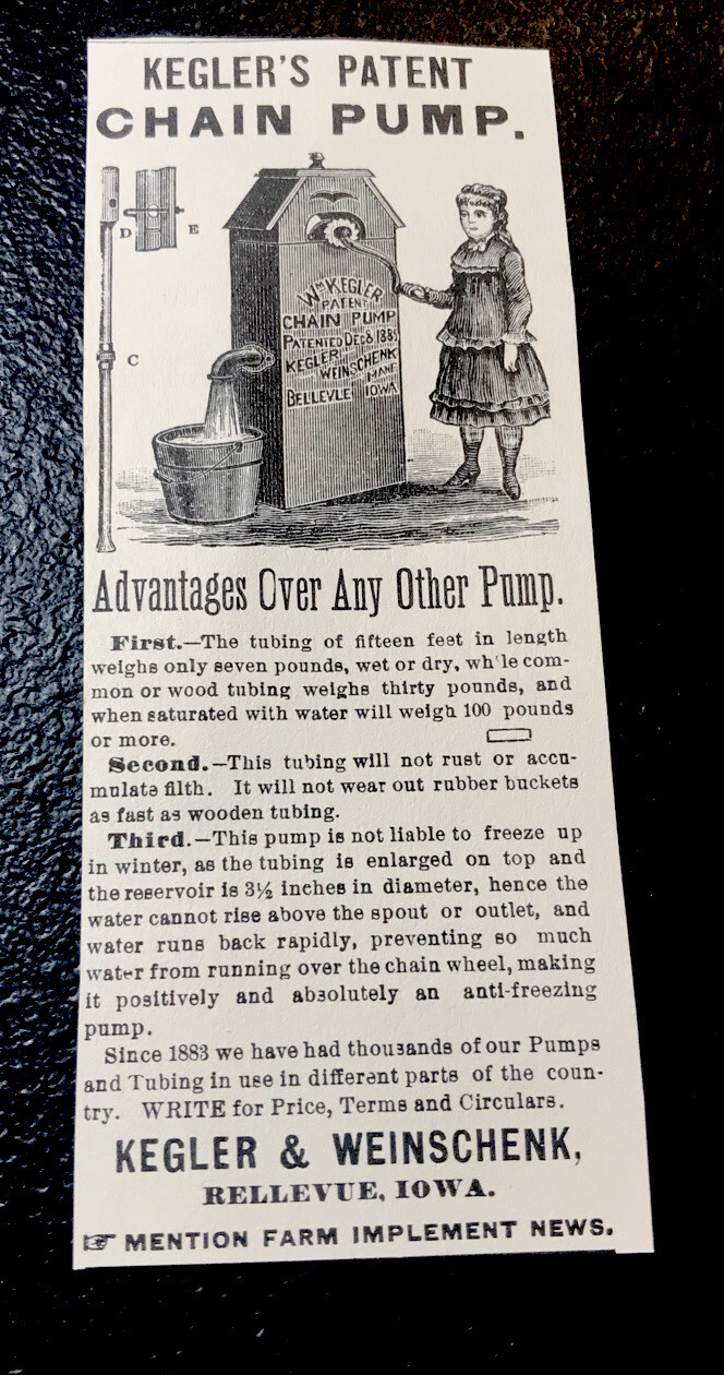 1889 Kegler Chain Pump Farm Advertising – Bellevue – Iowa