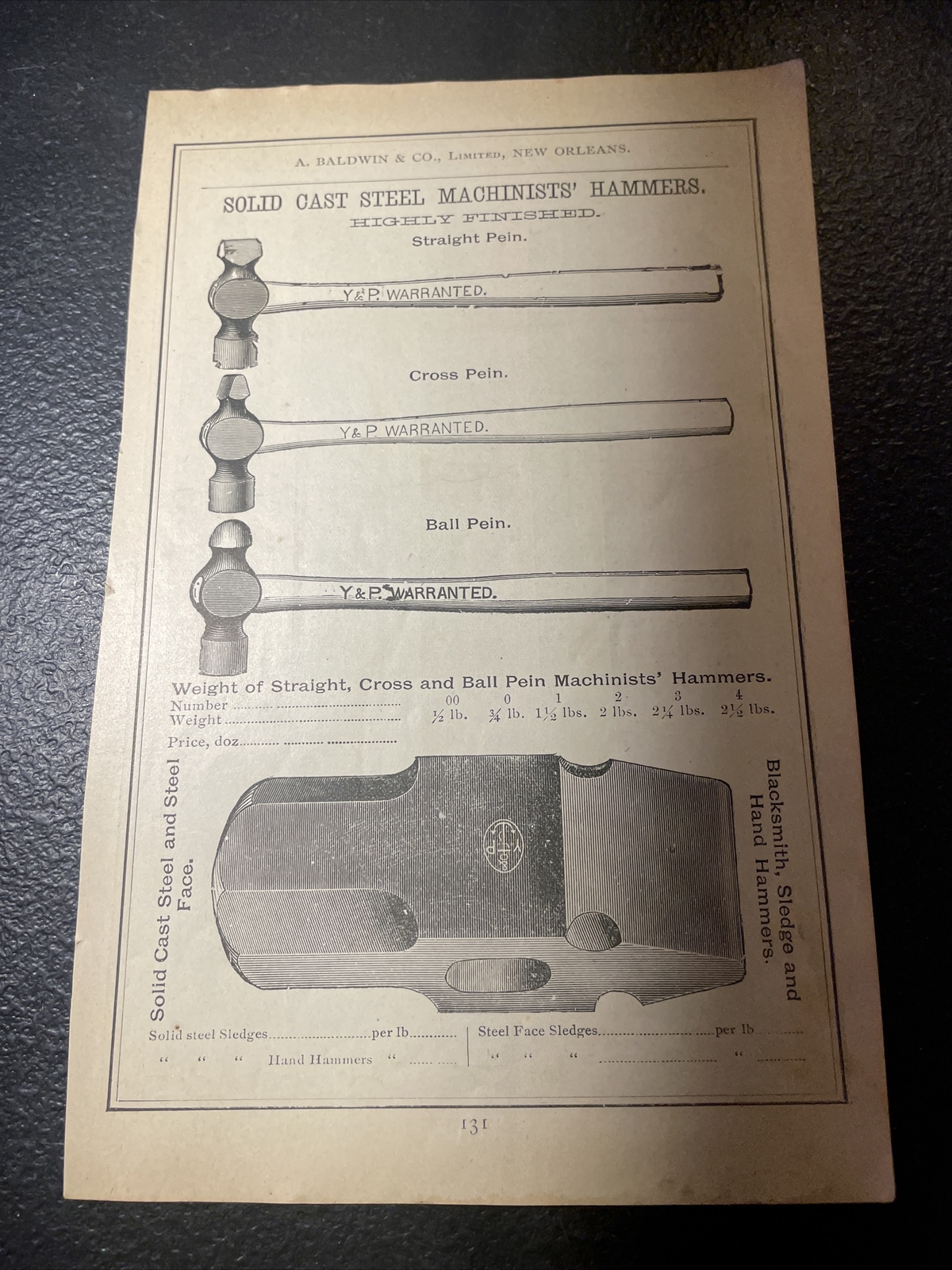 1891 Baldwin – Blacksmith Y & P Hammers – Farm Advertising – New Orleans