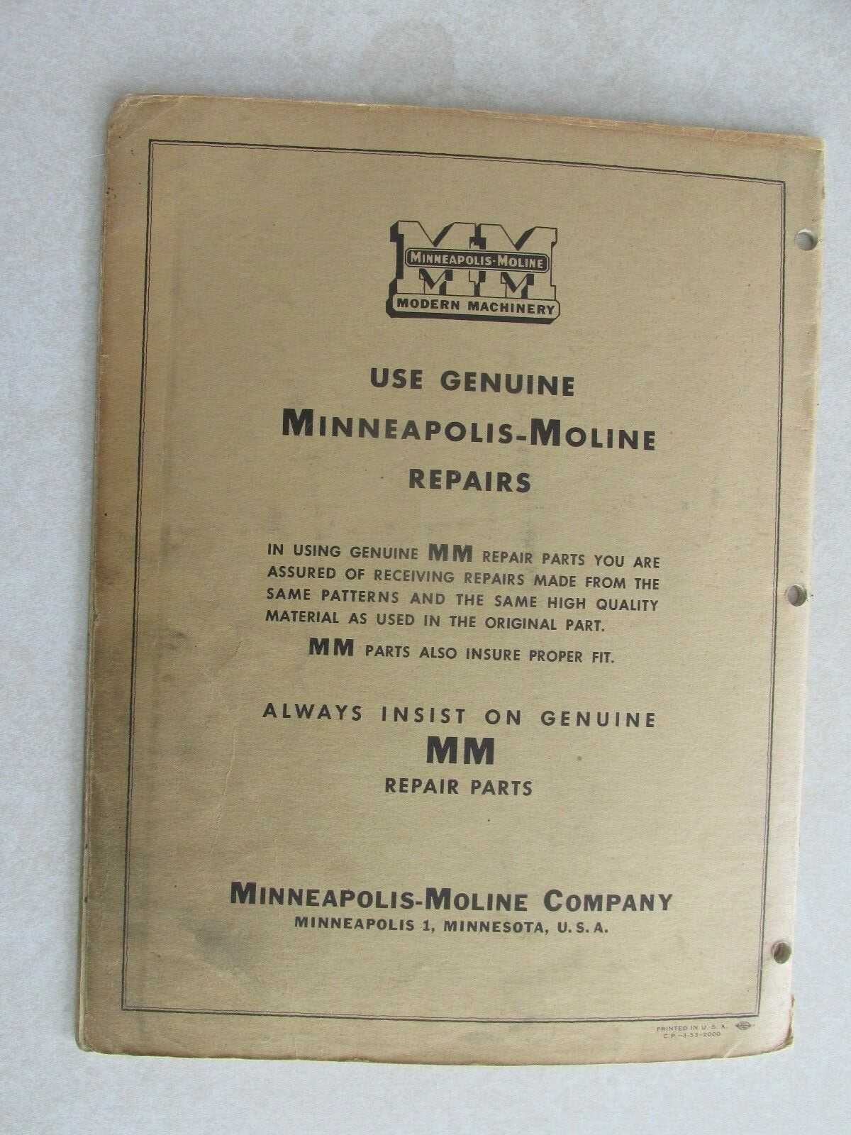 MBF52 Farm Manual MM Minneapolis Moline repair catalog Windrower M-96
