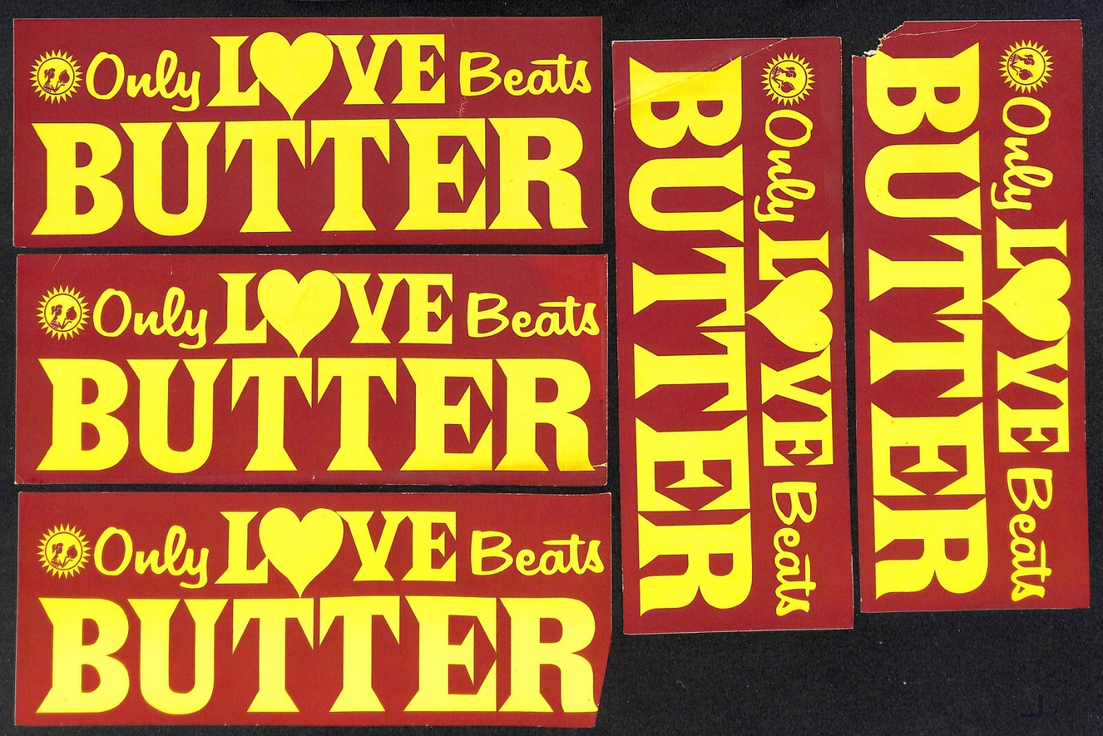 « Only Love Beats Butter » c1970&rsquo;s Farming Bumper Sticker – Group of 5 w/ Damage