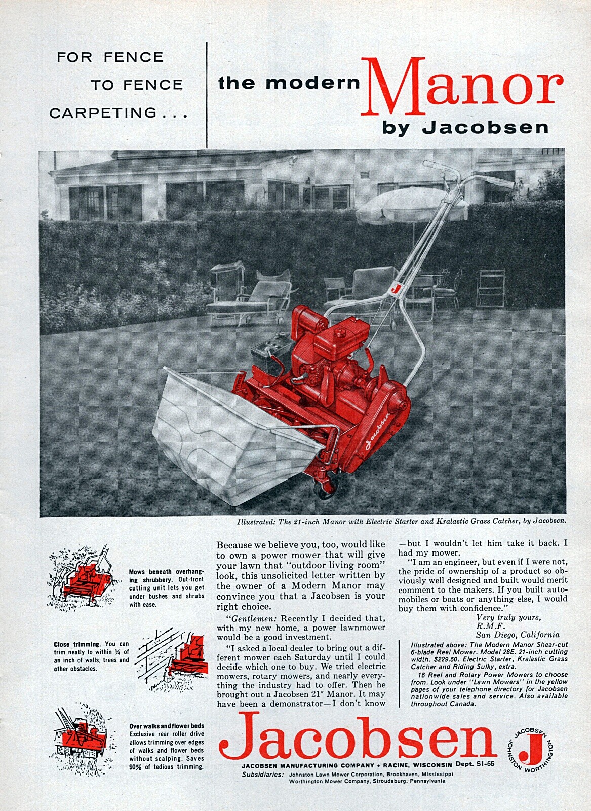 1958 Jacobsen Manor Lawn Mower Original Print Ad